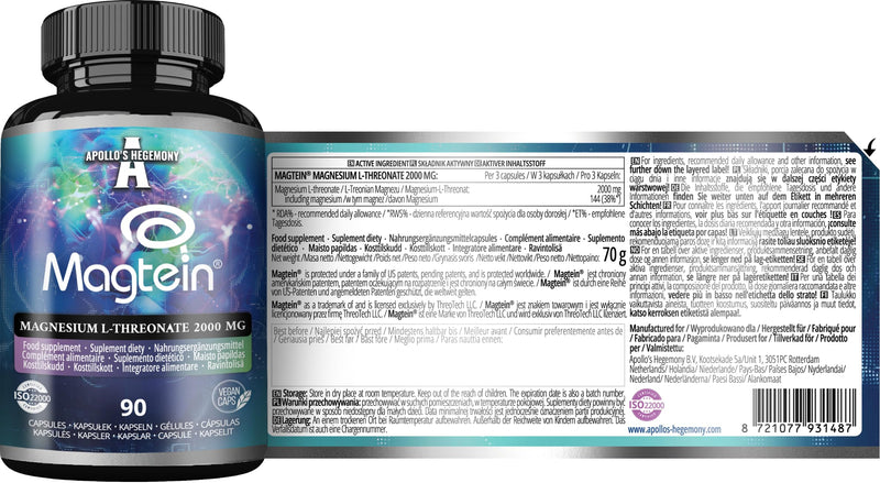 Magtein® Magnesium L-Threonate 144 mg per Daily Dose - 90 Vegan Capsules - 30-Day Supply - for Cognitive Function Support - by Apollo's Hegemony Capsule 90 count (Pack of 1)