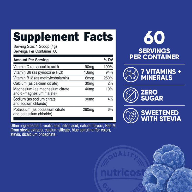 Nutricost Electrolyte Complex Powder, 60 Servings, Blue Raspberry | Hydration Supplement Drink Mix, With Vitamins and Minerals 8.4 Ounce (Pack of 1)