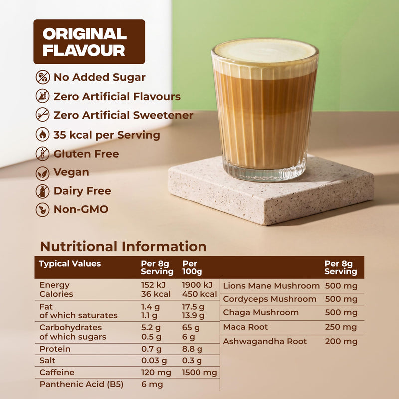 Original Mushroom Coffee - Lion's Mane, Cordyceps & Chaga 10:1 Extracts - Arabica Coffee with Ashwagandha, Maca & Guarana - Coffee Alternative for Focus & Gut Health - 256g (32 Servings)
