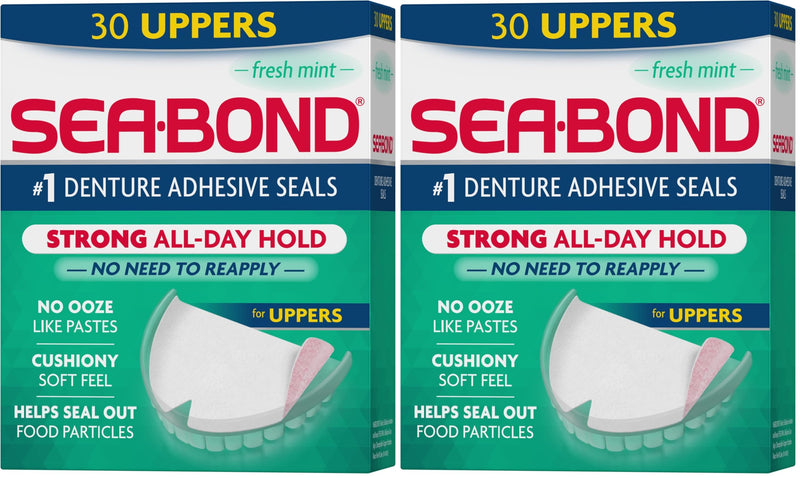 Sea Bond Secure Denture Adhesive Seals, Fresh Mint Uppers, Zinc-Free, All-Day-Hold, Mess-Free, 30 Count (Pack of 2) 30 Count (Pack of 2)