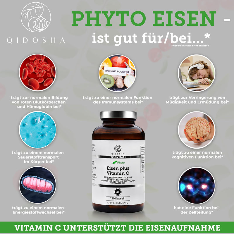 [Australia] - QIDOSHA® vegetable iron plus vitamin C capsules, 120 pieces in a glass, 14 mg per capsule of vegetable iron from curry leaf extract, supplemented with vitamin C from acerola fruit powder, laboratory tested, vegan high dose 89.7 g (pack of 1) 