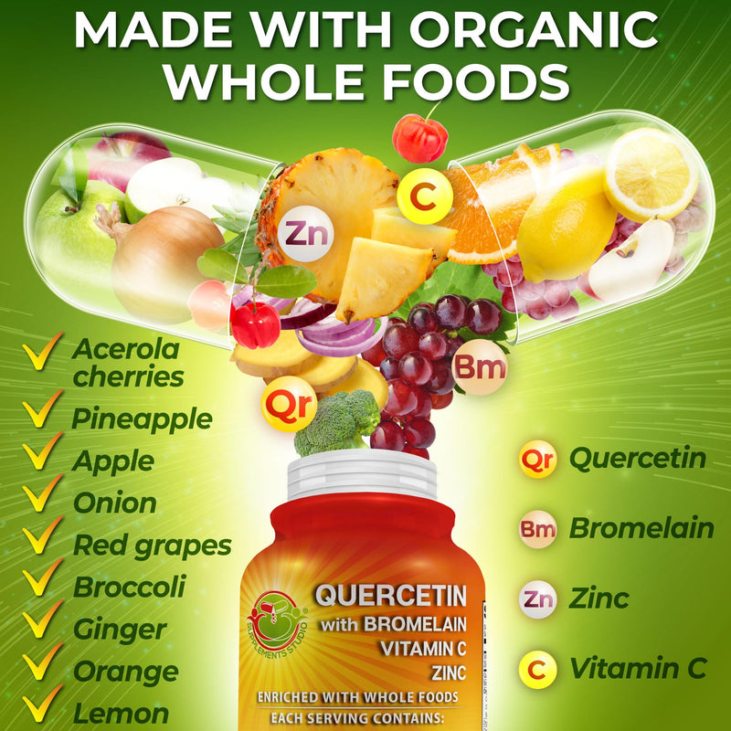 [Australia] - Quercetin with Bromelain Vitamin C and Zinc with Organic Whole Food Quercetin Blend - 1215mg per Serving - Phytosome Quercetin 500mg Capsules with Ginger and Flavonoids for Immune Support - 180 count 