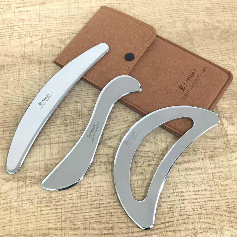 [Australia] - BYYDDIY Moon Shape 3 in 1 Stainless Steel Muscle Scraper Tools Set,Guasha Tool for Body,Scraping Massage Tools for Physical Therapy,Derma Edge Massage Tool & GuaSha Massage Scraper Tool (MN-SC1) MN-SC 