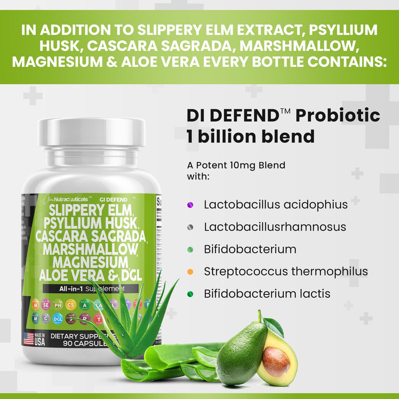 [Australia] - Clean Nutraceuticals Slippery Elm 5000mg Psyllium Husk 2000mg Pre Probiotic Digestive Gut Health Supplement with Aloe Vera Cascara Sagrada 2000mg Marshmallow Root DGL Licorice Senna Extract 