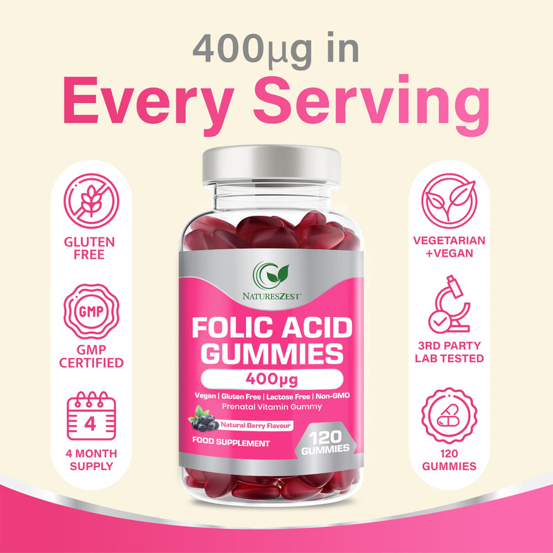 Folic Acid Gummies 400μg – 120 Chewable Gummies- High Strength Prenatal Vitamins for Women, Conception & Pregnancy Support |Vegan, Non-GMO | Fertility Supplements for Women | Natural Berry Flavour