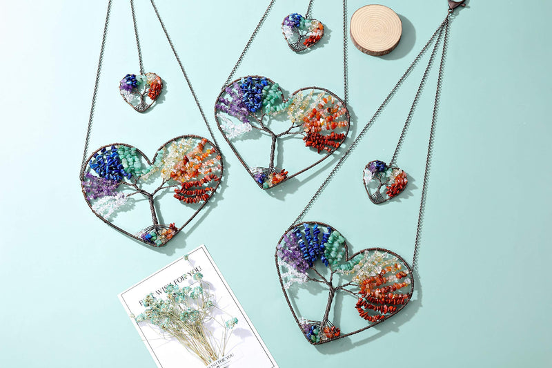 Jovivi Bundle - 2 Items Double Heart Tree of Life Hanging Ornament 7 Chakra Reiki Healing Crystals + 7 Chakra Healing Crystals Tree on Agate Slice Base