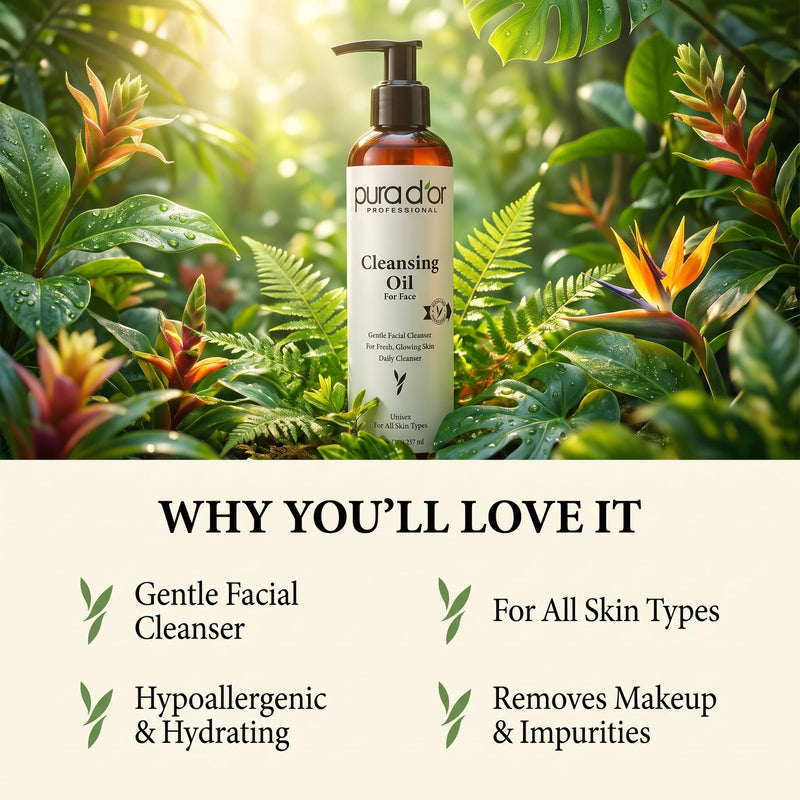 PURA D'OR Facial Cleansing Oil (8 Oz x2 = 16 Oz) Nourishing Botanical Blend with & Vitamin, Jojoba and Sunflower Oil - Gentle Makeup Remover & Deep Cleanser For Healthy, Glowing Skin - Paraben-Free 8 Fl Oz (Pack of 2)