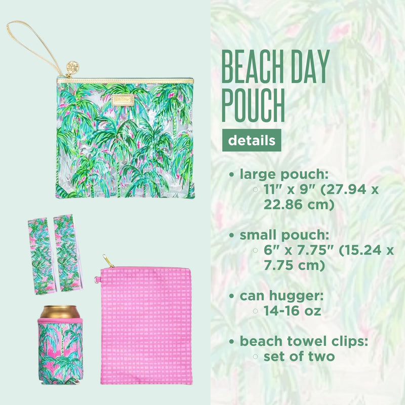 Lilly Pulitzer Water Resistant Vinyl Beach Day Pouch, Zipper Bag Includes Drink Hugger, Small Pouch, and Towel Clips Suite Views