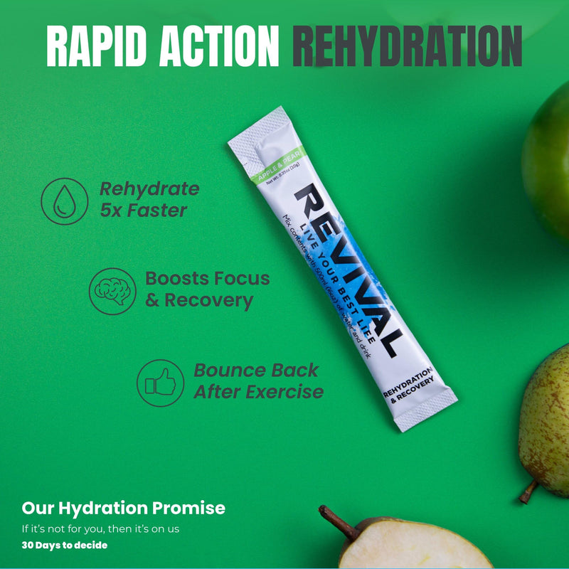 Revival Rapid Rehydration Sachets Electrolytes Powder High Strength Vitamin C, B1, B3, B5, B12 Supplement Sachet Energy Drink, Effervescent Electrolyte Hydration Tablets 12 Pack Apple Pear Flavours 12 Servings (Pack of 1) Apple & Pears