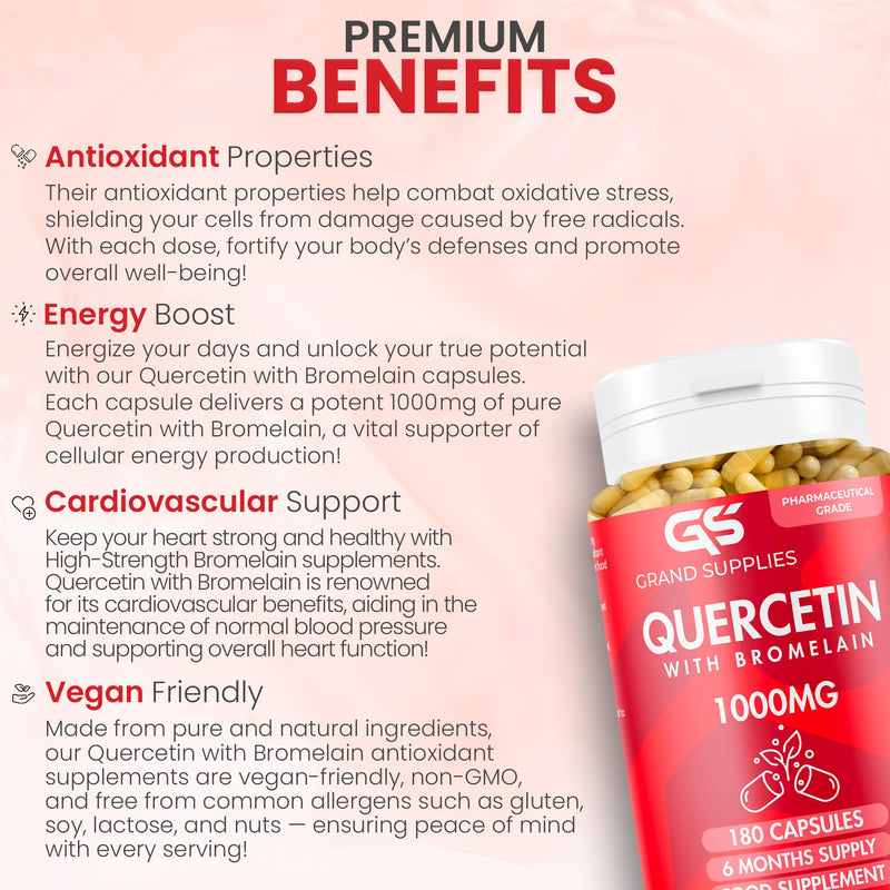 Pure Quercetin Supplement 1000mg- Organic Quercetin Bromelain Capsules for Immune Health, Respiratory Support, & Overall Wellness- Non GMO Antioxidant Supplement- 6 Month Supply