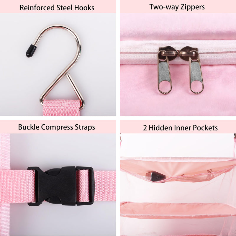 Hanging Travel Closet Organizer Suitcase Shelves Portable Carry on Closets for Hanging Packing Cubes Storage,XL,Pink