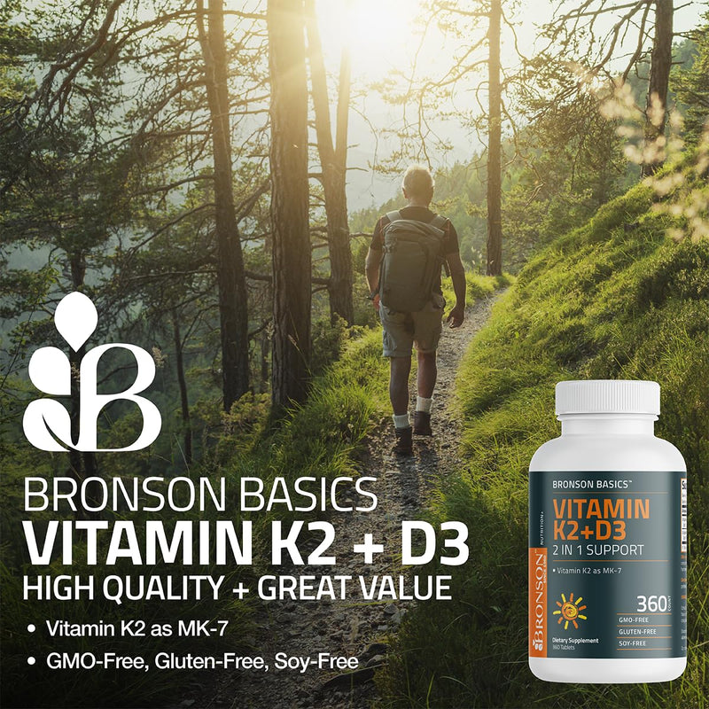 Bronson Vitamin K2 D3 (MK7) Supplement 2-in-1 D3 & K2 Complex, 360 Tablets | Bone, Immune & Heart Health Support, Gluten-Free, Soy-Free, Non-GMO, Vitamin D3 5000 IU (125 mcg) & 90 mcg K2 MK-7 360 Count (Pack of 1)