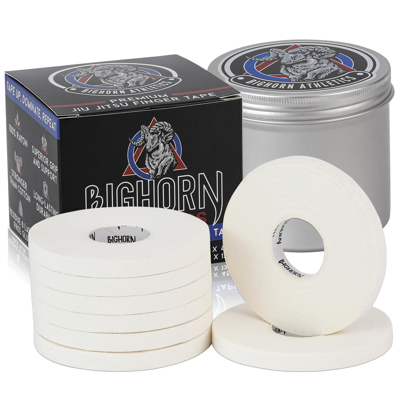Bighorn Athletics Pro Series Jiu-Jitsu Finger Tape, 8-Rolls with Tin Holder, Enhanced Strength, Residue-Free (0.3-Inch, White) 0.3-Inch
