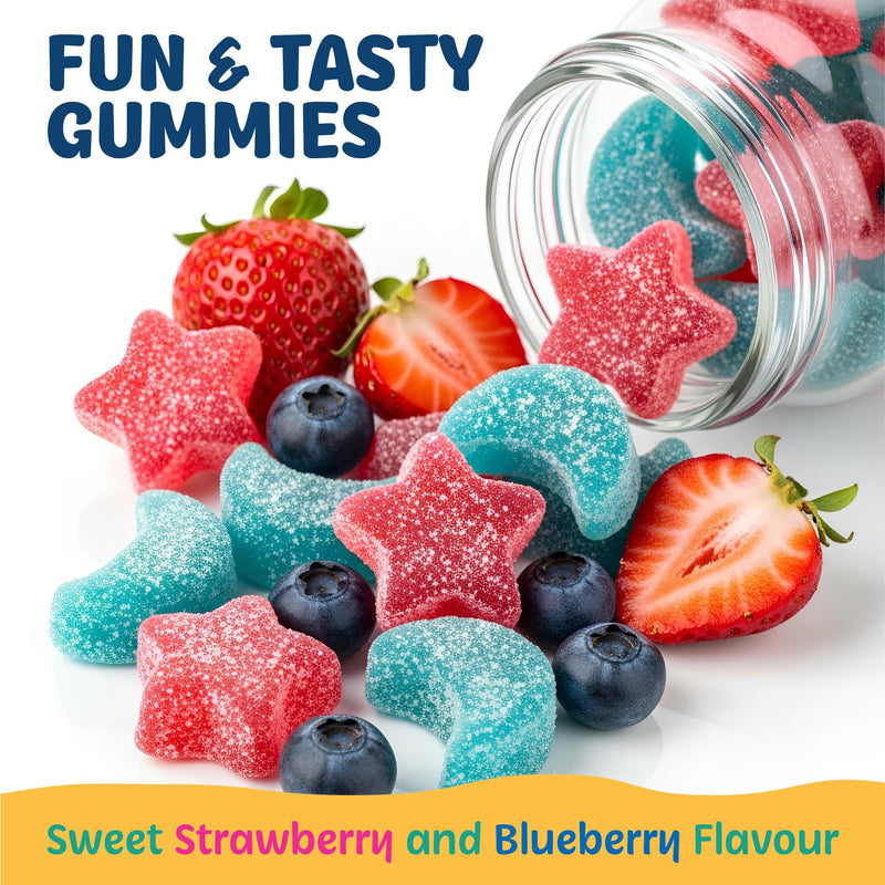Kids Magnesium Glycinate Sleep Gummies – Calm Focus & Relaxation Support with Magnesium, B6, L-Theanine & Chamomile – Stawberry Stars & Blueberry Moons – 120 Vegan Gummies – Star & Moon Shape – Age 4+ Strawberry & Blueberry 120 count (Pack of 1)