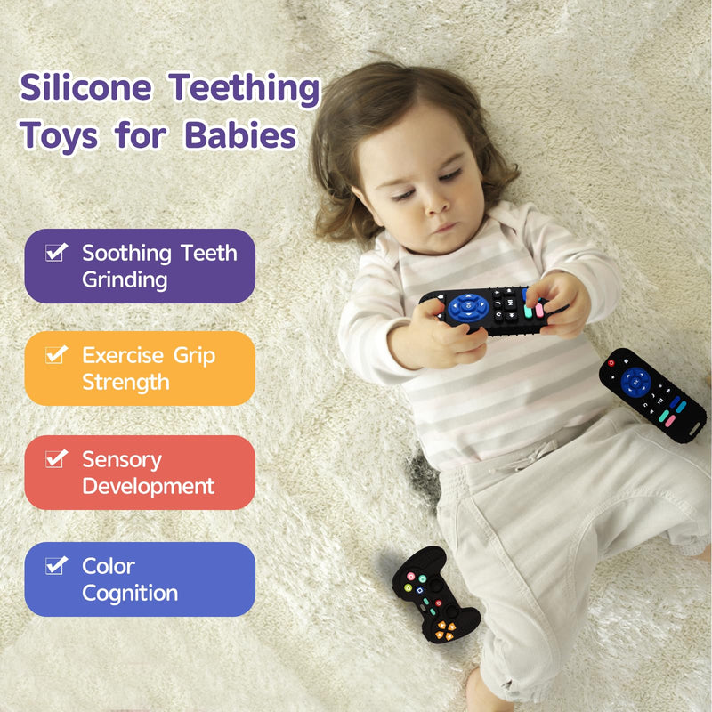 [Australia] - 2 Pack Silicone Teething Toys for Babies 0-6 Months, Teethers for Babies 6-12 Months, Remote Teether for Baby, Sensory Toys for Babies, Baby Chew Toys Black-Black 