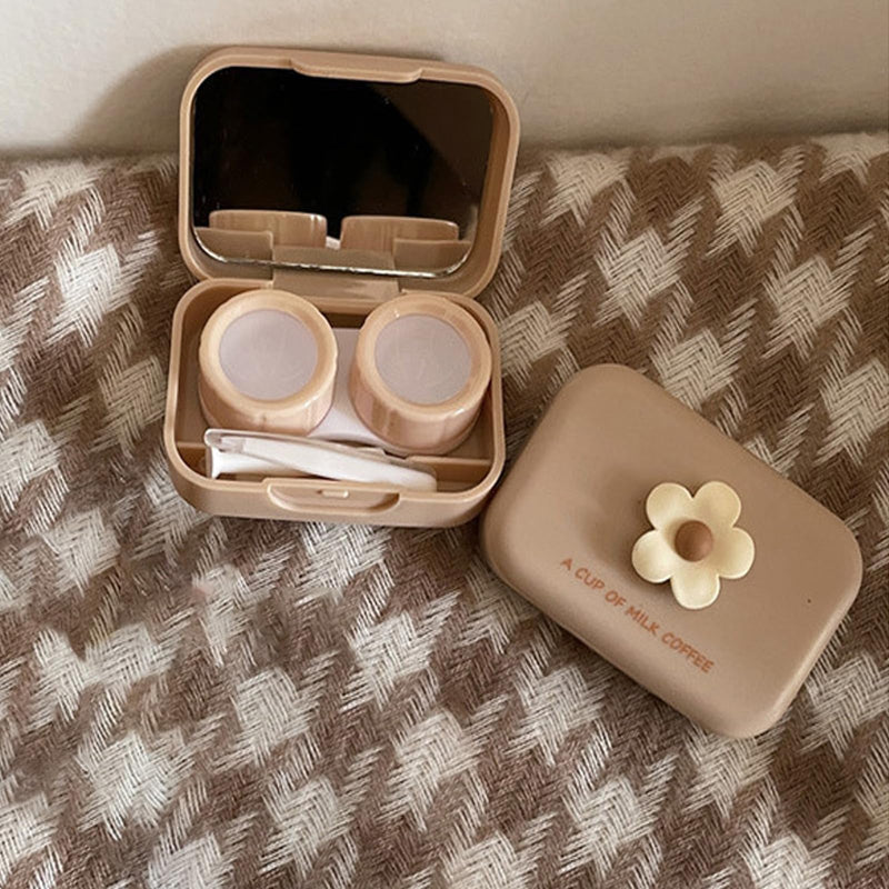 [Australia] - 2 Pack Mini Contact Lens Cases, Portable Contacts Lens Box Travel Kit with Mirror, Tweezers, Remover Tool Stick, Cute Flower Eye Contact Case Container Holder Storage Box for Daily Outdoor Brown 