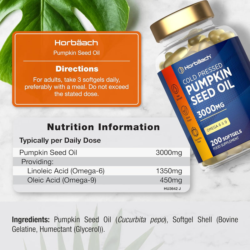 Pumpkin Seed Oil 2000mg | 200 Softgel Capsules | Cold Pressed | Supports Prostate & Urinary Health | Natural Source of Essential Fatty Acids | Non-GMO, Gluten Free | No Artificial Preservatives