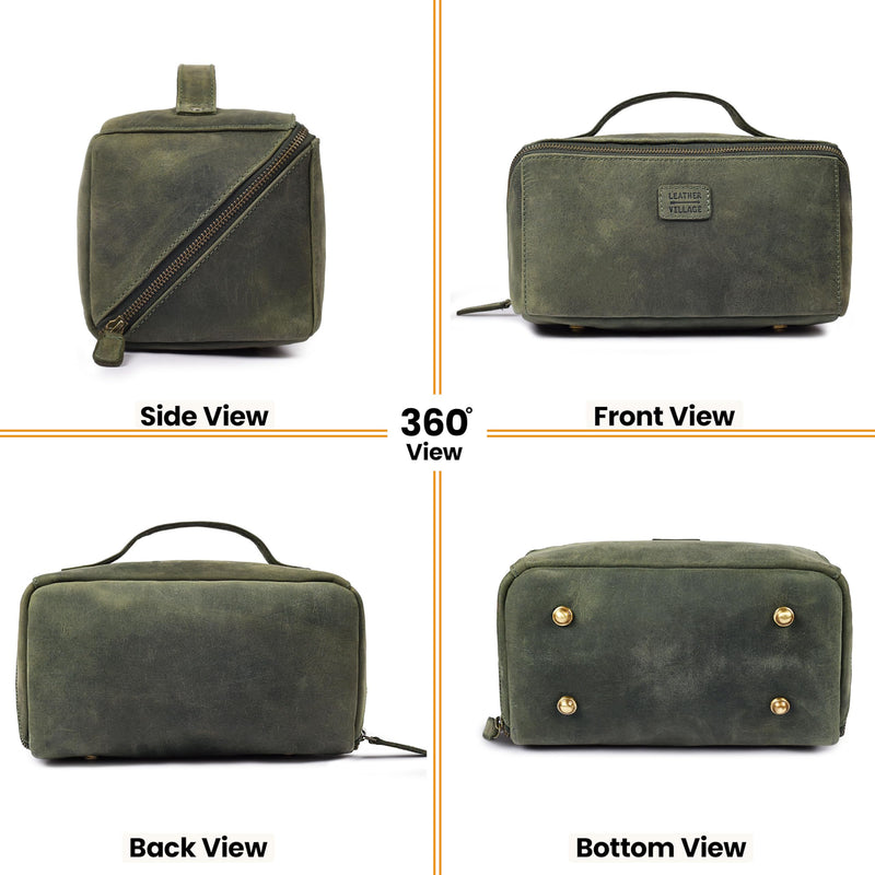 LEATHER VILLAGE Full Grain Leather Travel Cosmetic Bag for Women & Men | Large Capacity Cosmetic Bag with unique zip design – Skin Care, Brushes, Shaving & Bathroom Essentials Organizer- Olive