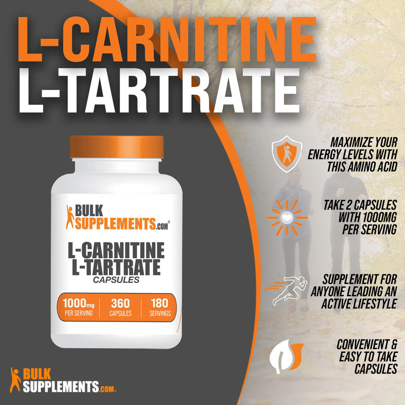 [Australia] - BulkSupplements.com L-Carnitine L-Tartrate Capsules - Carnitine Supplement, L Carnitine 1000mg Capsules - L-Carnitine Tartrate, Gluten Free - 2 Capsules per Serving, 360 Capsules (Pack of 1) 