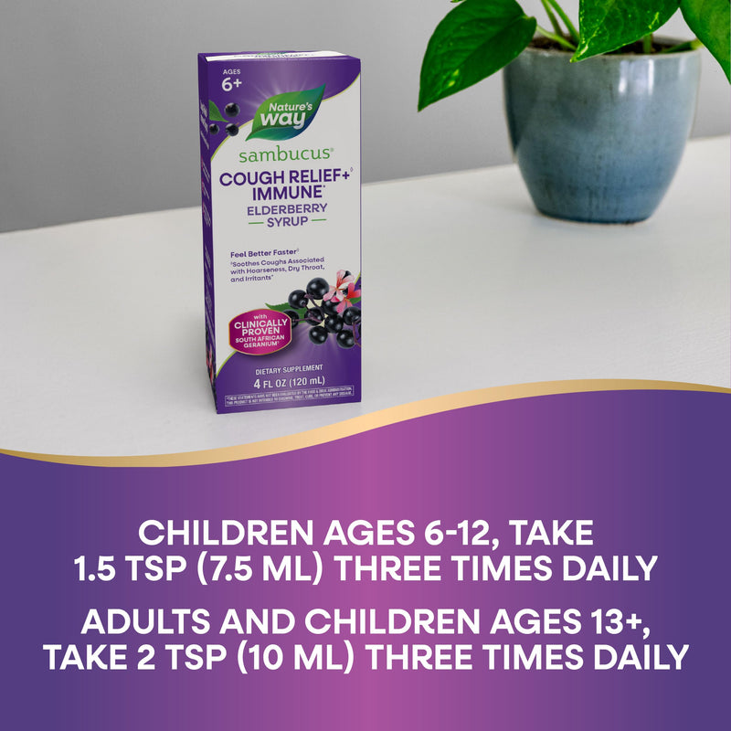 Nature's Way Sambucus Cough Relief +(1) Immune* Syrup, Vegan, 4 fl oz | Feel Better Faster(1) Clinically Proven South African Geranium, with Elderberry Extract, Vitamin C & Zinc 4 Ounce