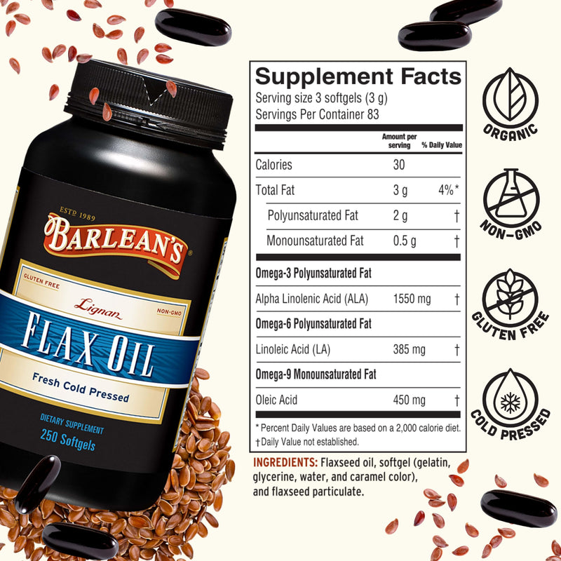 Barlean's Lignan Flaxseed Oil Softgels, Cold-Pressed Flax Seed Supplement with 1,550 mg ALA Omega-3 Fatty Acids for Joint & Heart Health, 1000mg, 250 ct | Cold-pressed flax seed oil, High-lignan ALA omega 3-6-9, Non-GMO, Gluten-free, 250-count value si...