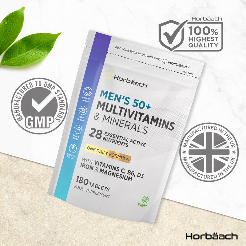 Multivitamin Tablets for Men 50 Plus | 180 Count | One-a-Day Formula | 28 Essential Nutrients | with Vitamin C, B6, D3, Iron and Magnesium | Vegan | By Horbaach