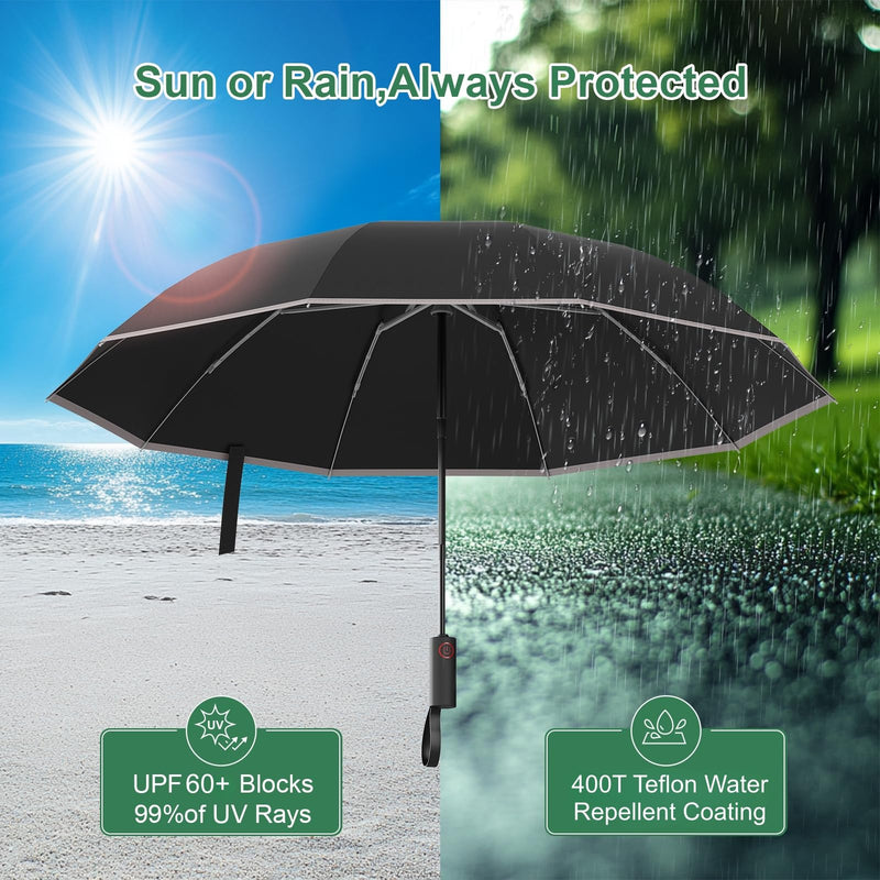4-in-1 Inverted Travel Umbrella Compact, Automatic Large Umbrellas for Rain & Sun, Portable Windproof Umbrella for Backpack, Reverse Folding Umbrella for UV with Reflective Strips,Lightweight Black(2PACK) 46 IN