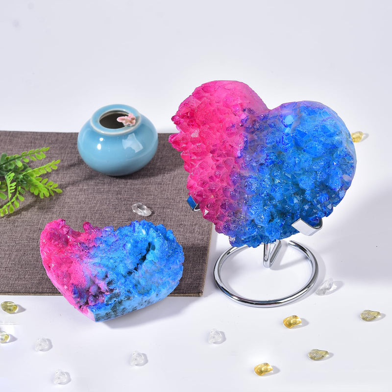 JIC Gem Big Titanium Coated Heart Shape Crystal Cluster Geode Red Blue Crystal Cluster Rock Geode Heart Gemstones with Stand Energy Balance Reiki Wicca Decor 3.93-4.33 inch