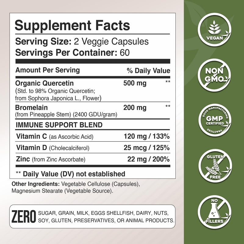 [Australia] - Gade Nutrition Organic Quercetin with Bromelain Vitamin C and Zinc | Immune Support Supplement Quercetin 500mg Capsules | Bioflavonoids Made in USA Third Party Tested 120 Count (Pack of 1) 