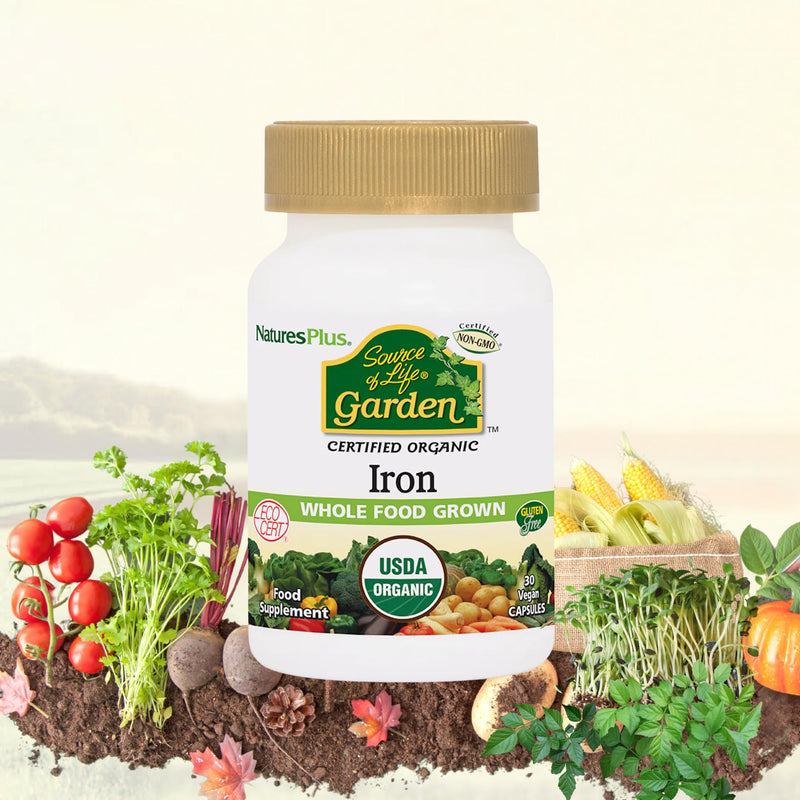 NaturesPlus Source of Life Garden Iron - 18 mg Organic Plant Based Gentle Iron Supplement, Highly Bioavailable - Vegan, Gluten Free, One A Day - 30 Capsules