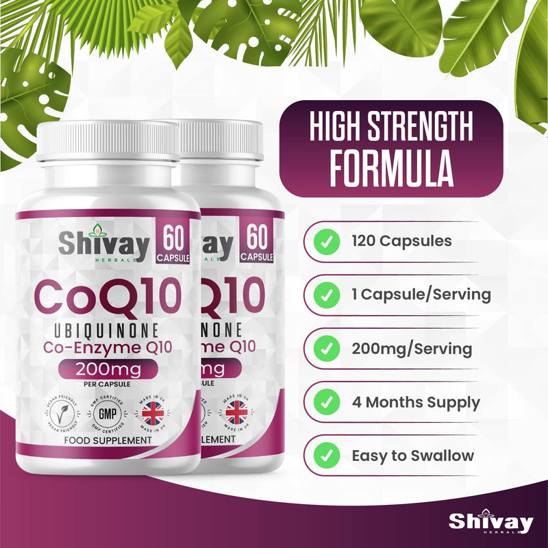 Co Enzyme Q10 200mg Per Capsule | Pure & Natural Ubiquinone | High Strength CoQ10 Vegan Capsules Supplement | Made in The UK | Shivay Herbals (120 Capsules) 120 Capsules