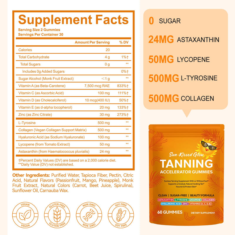 Tanning Gummies with Astaxanthin - Advanced Formula with L-Tyrosine, Beta-Carotene & Vitamins for a Sun-Kissed Glow*- Vegan, Watermelon Flavour, Sugar-Free - 60 Gummies (1-2 Month Supply)