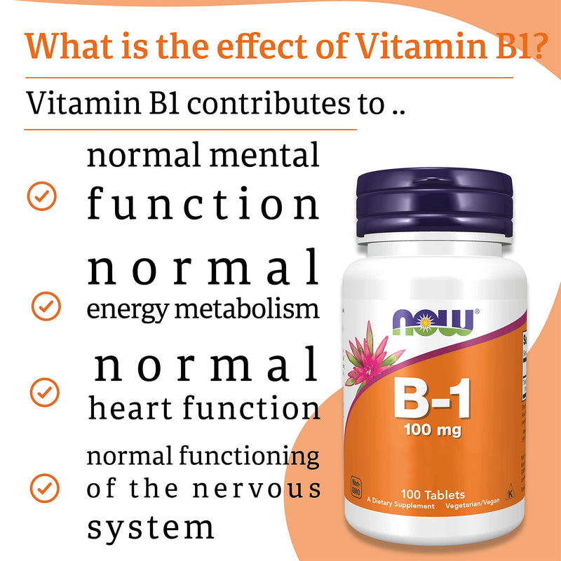 Now Foods, B-1, 100mg, 100 Vegan Tablets, Lab-Tested, Vitamin B1, Thiamine, Gluten Free, Soy Free, Vegetarian