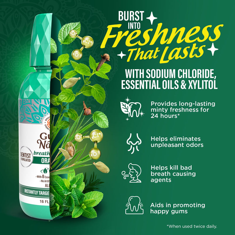 [Australia] - GuruNanda Fresh Breath Mouthwash, ADA-Accepted, Alcohol & Fluoride-Free, Sodium Chlorite, Essential Oils & Vitamins, 12-Hrs Fresh Breath, Wild Mint, 16 oz 16 Fl Oz (Pack of 1) 