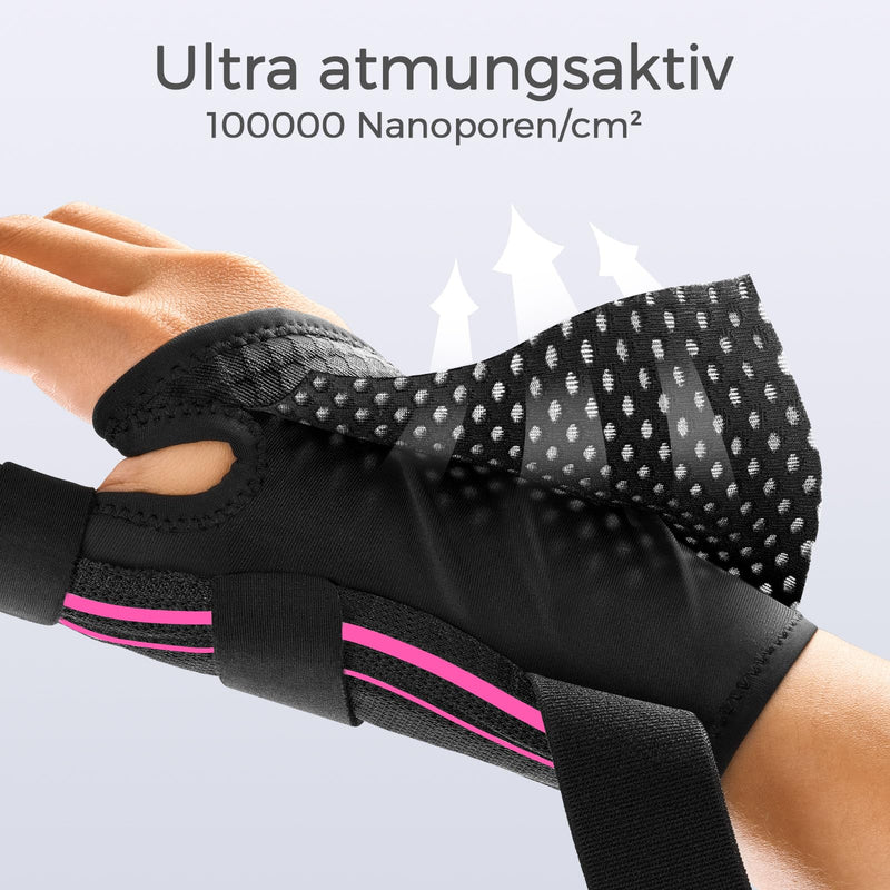 [Australia] - FREETOO Ergonomic thumb bandage right and left, breathable and soft thumb splint, thumb orthosis for osteoarthritis, tendonitis, snap thumb, women and men black/pink S/M 