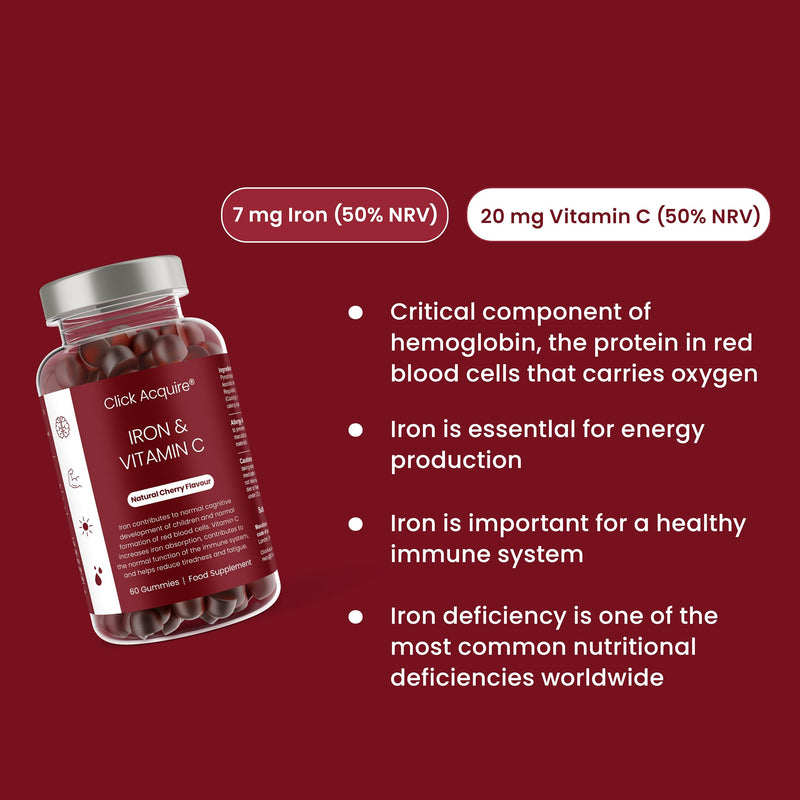 Iron and Vitamin C Gummies for Kids & Adults | 7mg Gentle Iron, 20mg Vitamin C Chewable | Vegan Natural Cherry Flavour | 2 Month Supply