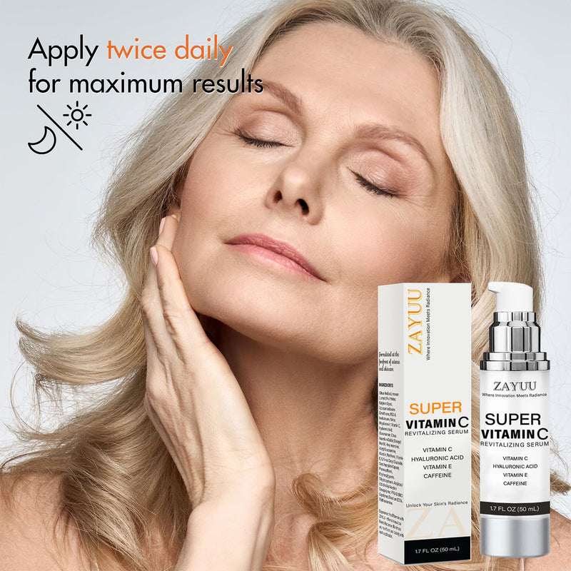 Super Vitamin C Face Serum for Mature Skin: Anti-Aging, Dark Spots 1.7oz | Hydrating Brightening Formula - Vitamin C, Hyaluronic Acid, Vitamin E, Caffeine - Face Lift Serum for Wrinkles 1.7 Fl Oz (Pack of 1)