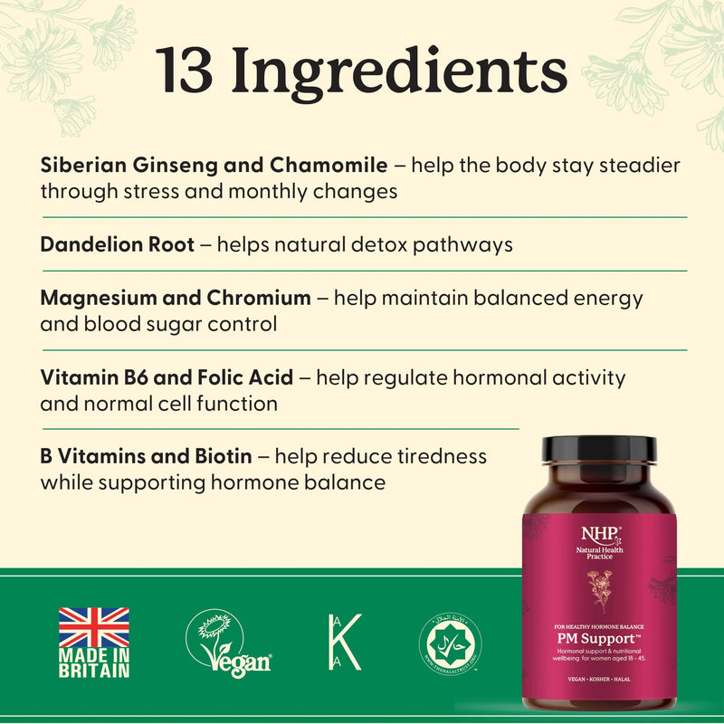 NHP Advanced - PM Support A Vegan Multivitamin for Women to Support Hormone Balance, Reduce Fatigue, and Enhance Stress Relief with Active Nutrients & Herbal Ingredients 60 Vegan Capsules