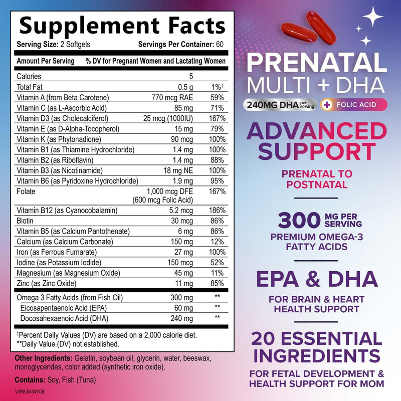 Prenatal Vitamins for Women with Folic Acid + Omega 3 DHA for Fetal Brain Development, Best Prenatal Vitamin Supplement, Daily Pregnancy Multivitamin Nutritional Support, Non-GMO - 120 Softgels 120 Count (Pack of 1)