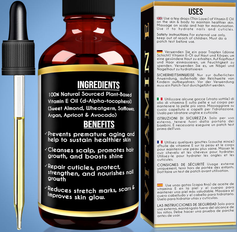 [Australia] - Kanzy Vitamin E Oil Organic Drops for Cosmetics 60ml 100% Natural d-alpha-tocopherol, Anti-Wrinkle, Anti-Aging, Pure Vitamin E Oil Against Wrinkles of All Types, Face, Nails and Hair 60ml (Pack of 1) 