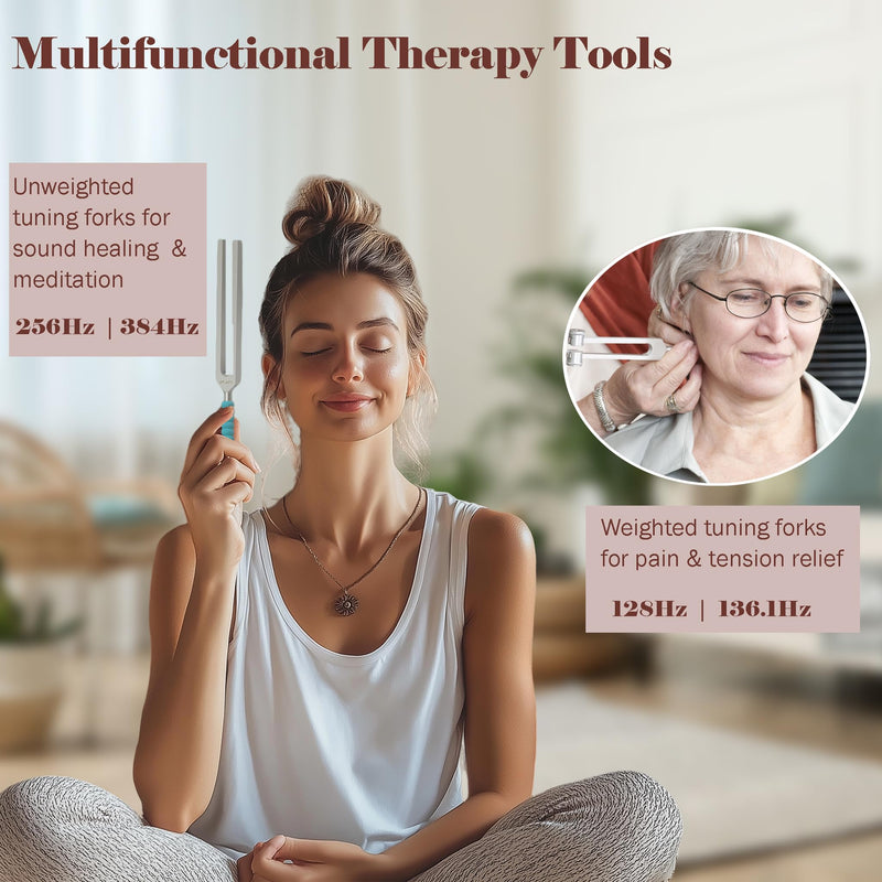 [Australia] - Tuning Forks for Healing Set (128Hz, 136.1Hz, 256Hz, 384Hz) with Activator & Reflex Hammer, Sound Therapy Instruments for Chakra/Yoga/Meditation, Frequency Healing Devices in Vegan Leather Pouch 