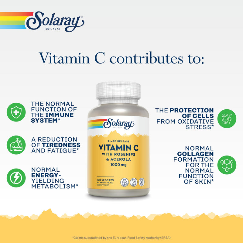 Solaray Vitamin C 1000mg Time Release Formula - 100 Vegan Capsules - High Strength VIT C with Acerola & Rosehip 2 Stage Sustained Release - 3+ Month Supply - Immune Support - Lab Verified 100 count (Pack of 1) Time Released Vit C