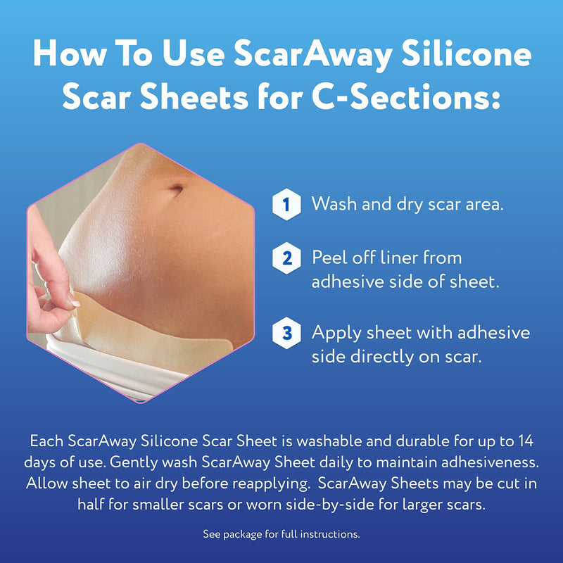 [Australia] - ScarAway Advanced Silicone Scar Sheets for C-Section, Reusable Sheets (1.5” x 7”) for Hypertrophic and Keloid Scars from C-Section & Other Surgeries, 4 Sheets 