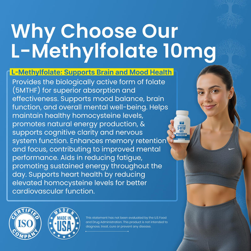 L Methylfolate 10mg | 90 Capsules | Optimized & Highly Bioactive Methyl Folate Supplement | 5-MTHF Supports for Energy, Focus & Mood | Non-GMO, Gluten Free, Vegan | 3 Month Supply 10 mg
