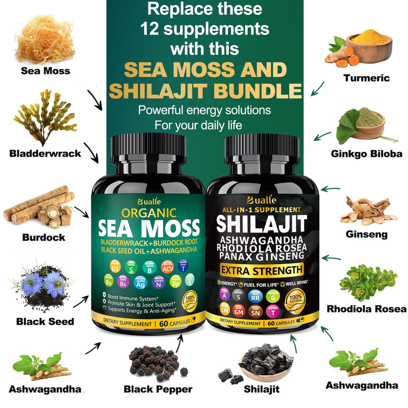 [Australia] - Sea Moss and Shilajit Bundle-Sea Moss 300mg,Black Seed Oil 100mg,Ashwagandha 50mg,Ginger & Shilajit 300mg,Rhodiola Rosea 100mg,Panax Ginseng 50mg,All in 1 Supplements-USA Made(2 Pack) 60 Count (Pack of 2) Sea Moss Shilajit 
