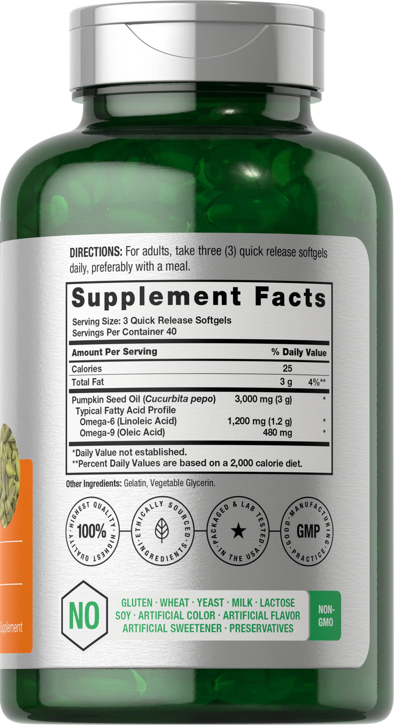 Horbäach Pumpkin Seed Oil | 3000mg | 120 Softgel Capsules | Cold Pressed Dietary Supplement | Non-GMO and Gluten Free Formula