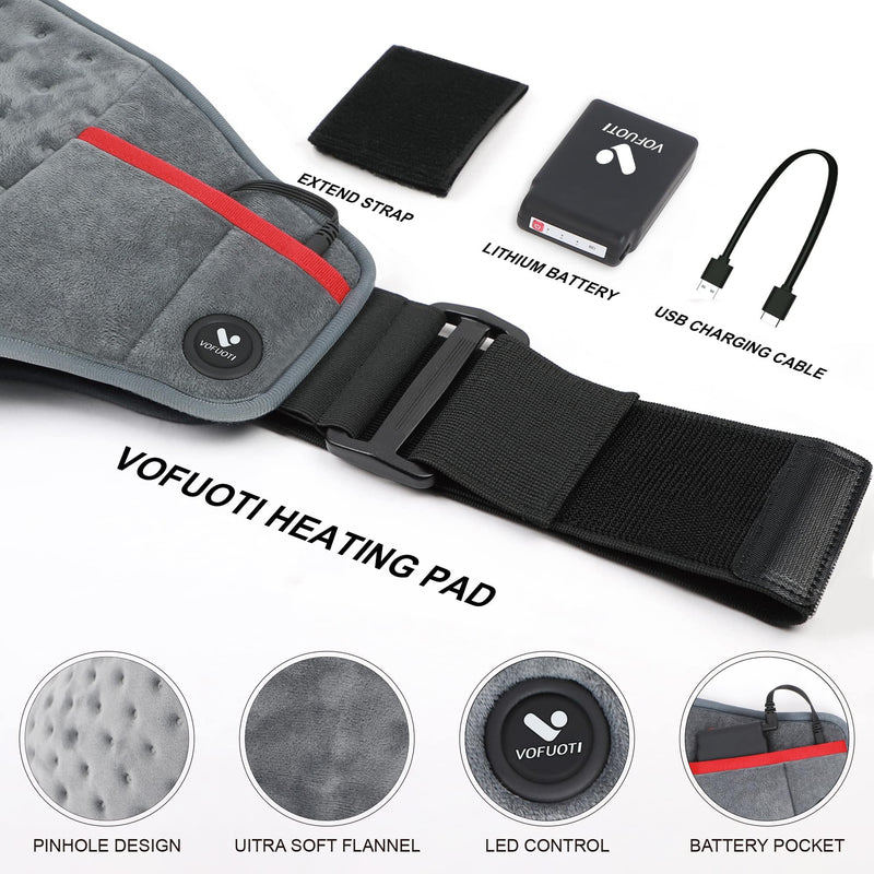 Vofuoti Portable Cordless Heating Pad with 10000mAh Battery | 3 Heat Settings, Rechargeable Electric Battery Operated Heat Pad for Back,Abdomen,Neck,Shoulders,Outdoor, Gift for Women Men Gray 8"x22"