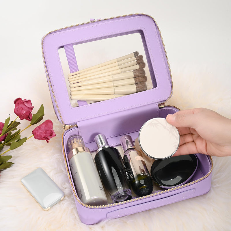 Aveniee Clear Makeup Bags, Double Layer Cosmetic Bags with a Separate Brush Compartment, Large Travel Toiletry Bag Train Case for Women, Travel Accessories Organizer.2 Layers Large, Lilac Dual Layer Large