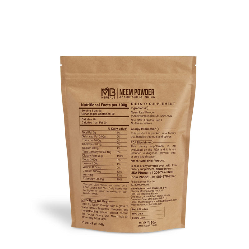 [Australia] - MB Herbals Pure Neem Leaf Powder 100 Gram / 3.5 oz | Azadirachta Indica | Wildcrafted Bitter Neem Supplement Skin and Hair Care 