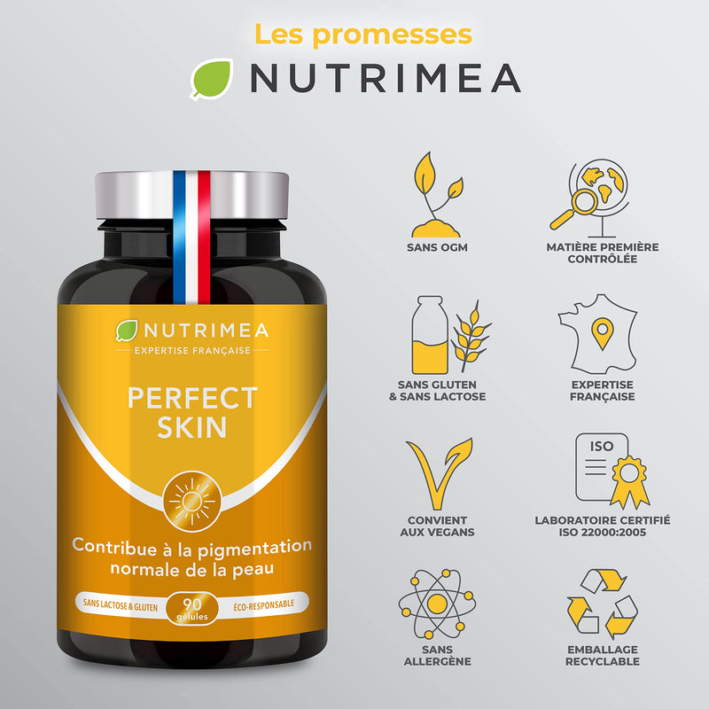 Perfect Skin Capsules - Beta Carotene, Lycopene, Copper and Vitamin E Formula - 60 Vegan Capsules - Gluten Free & GMO-Free - French Expertise - Nutrimea Perfect Skin Support